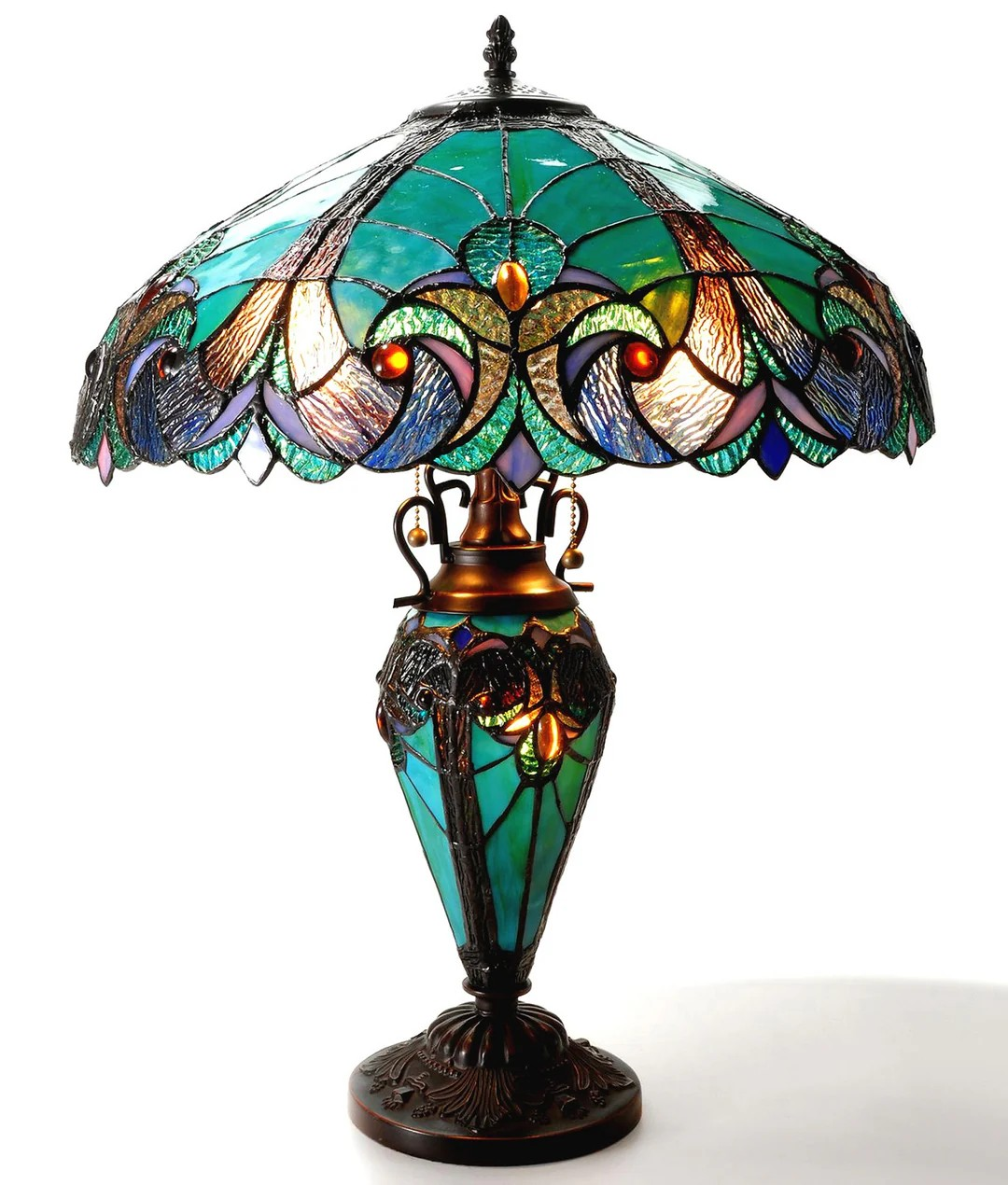 Tiffany style triple lit Victorian-style  lamp teal, cobalt blue and bronze