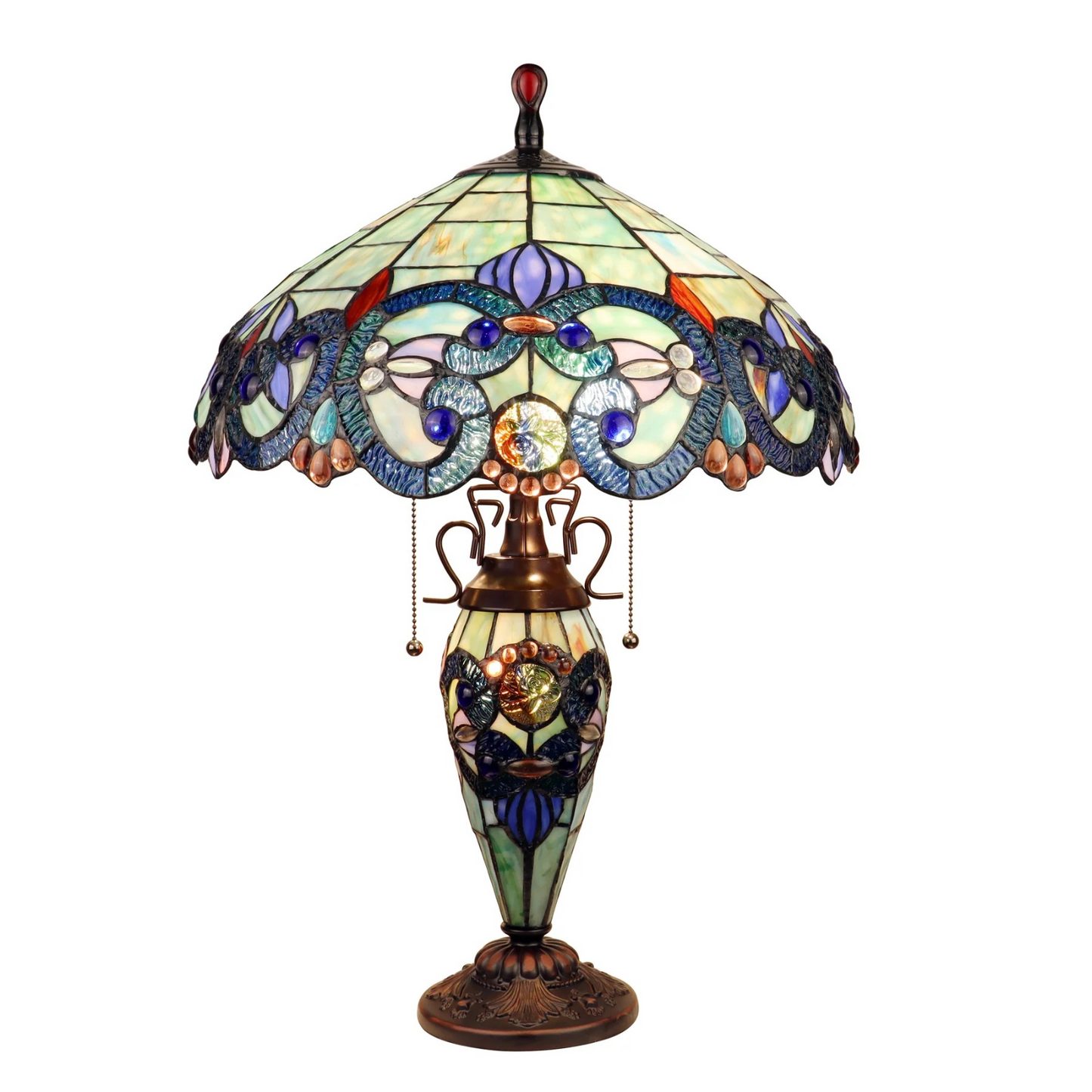 Tiffany style triple lit Victorian-style  lamp Blues, green, lilac