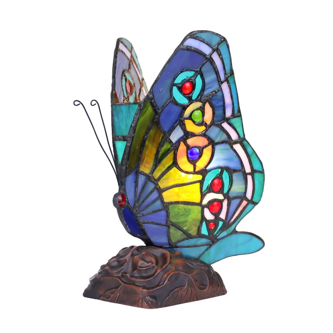 Tiffany-style 1 Light Butterfly Accent Table Lamp 10" Tall blue, teal, red