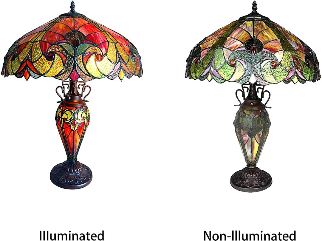 Tiffany style triple lit Victorian-style triple lit table Red, orange, yellow