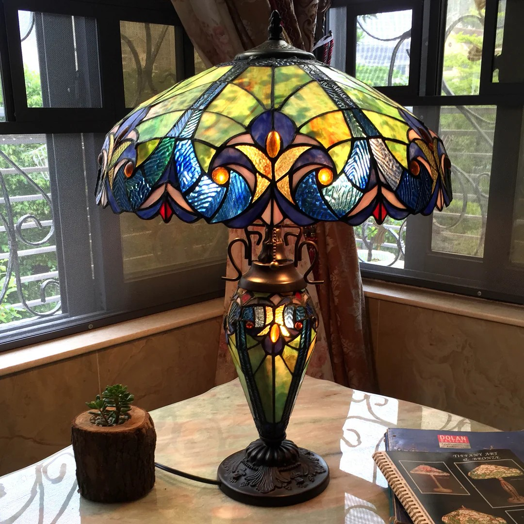 Tiffany style triple lit Victorian-style  lamp Golds, Bronze and Purples