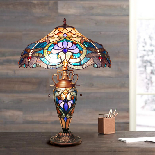 Tiffany style triple lit Victorian-style triple lit table Dragonfly, lavender
