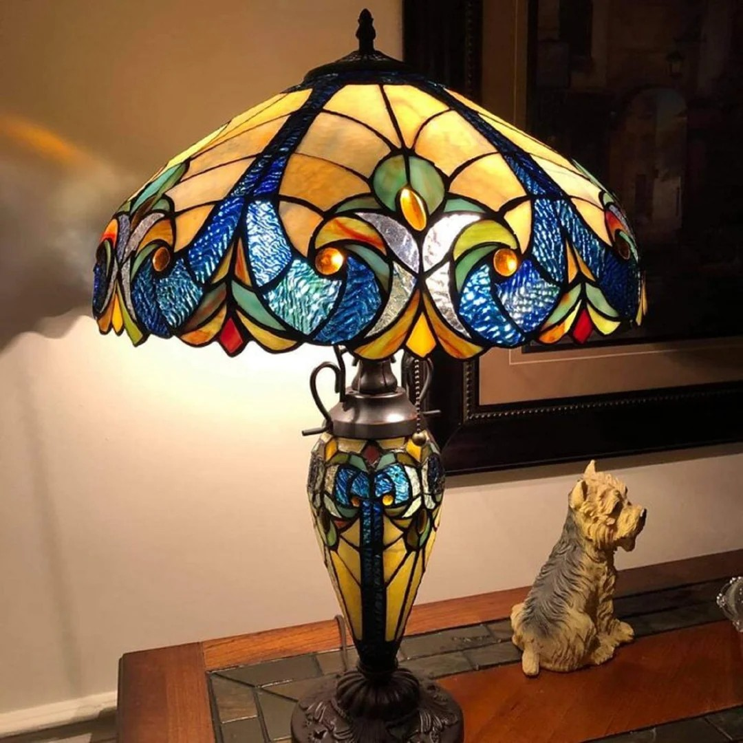 Tiffany style triple lit Victorian-style triple lit table Gold, Blue