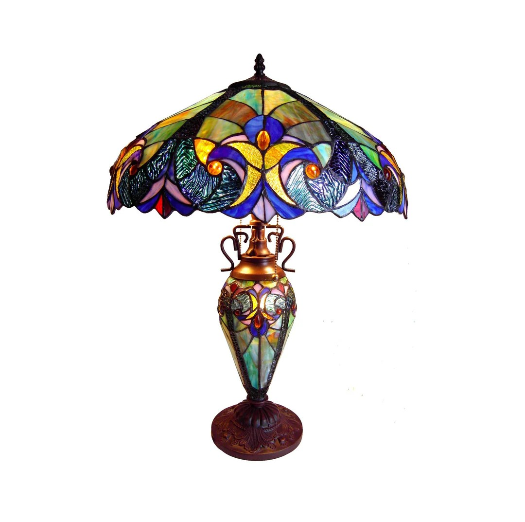 Tiffany style triple lit Victorian-style  lamp Golds, Bronze and Purples