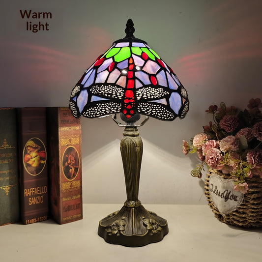 Stained Glass Bedroom Red Dragonfly Flower Study Table Lamp