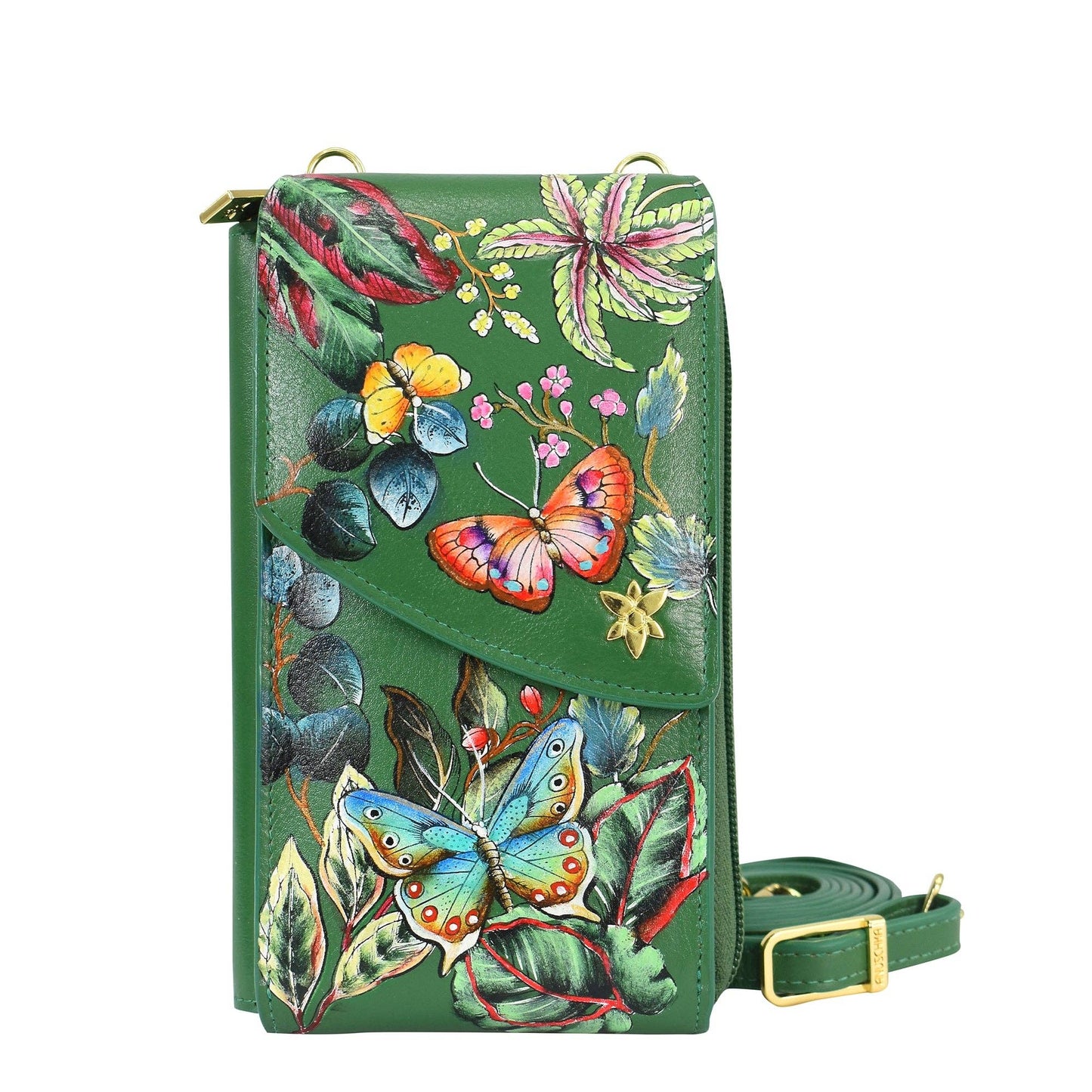 Anuschka Crossbody Phone Case - 1173 Green with butterflies