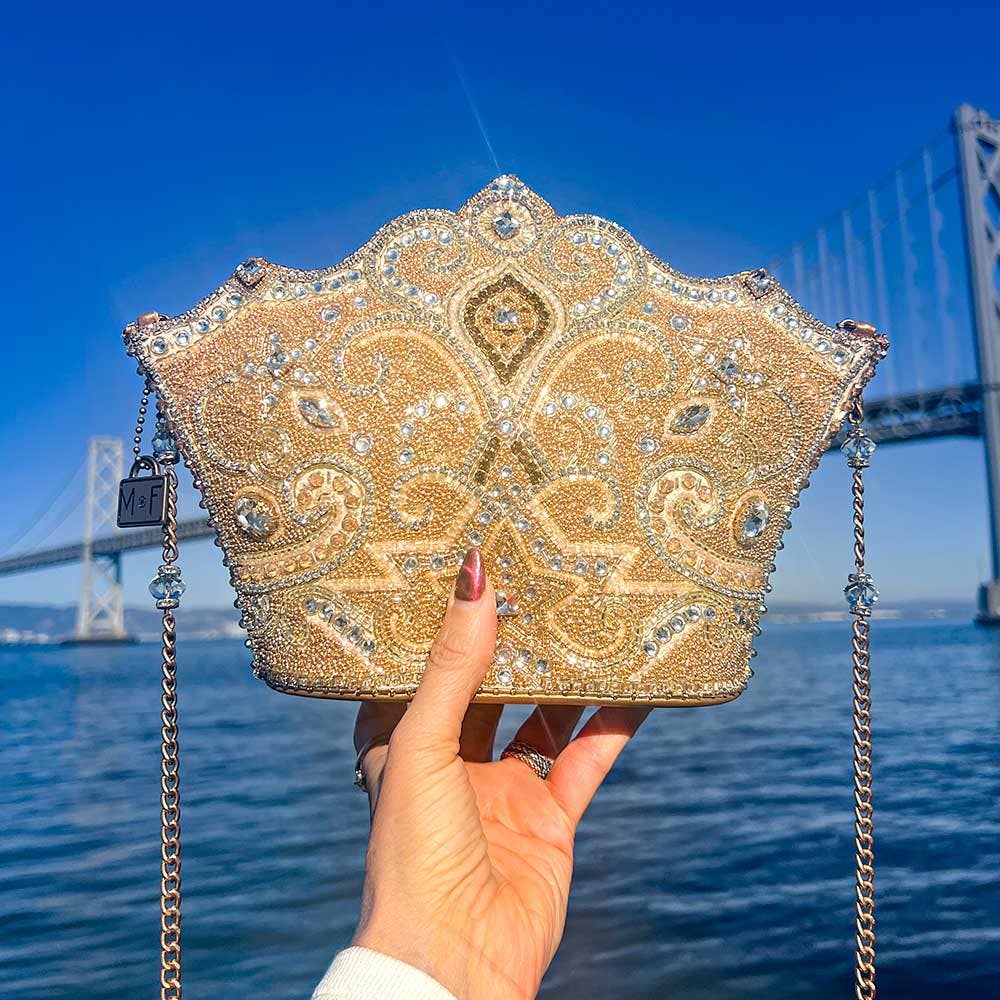 Mary Frances Golden Rule Beaded Crown Crossbody Clutch Handbag