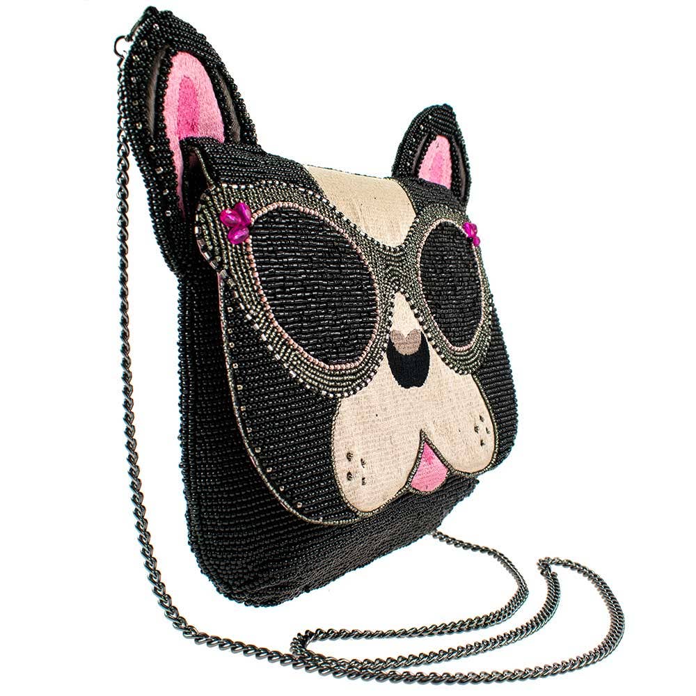 Mary Frances Throw Me a Bone Beaded Dog with Glasses Crossbody Handbag