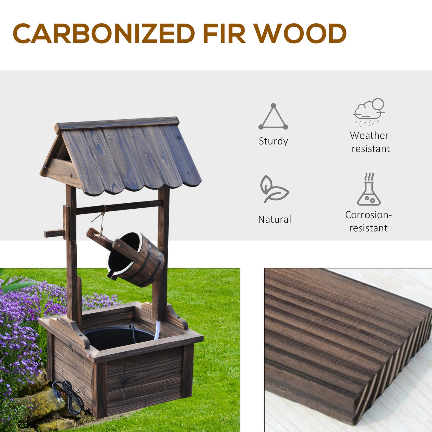 Outdoor Wooden Wishing Well Fountain with Adjustable Water Flow Rate, Outdoor Rustic Waterfall Fountain with Electric Pump, Water Bucket, for Backyard Patio Garden Lawn, Carbonized Finish