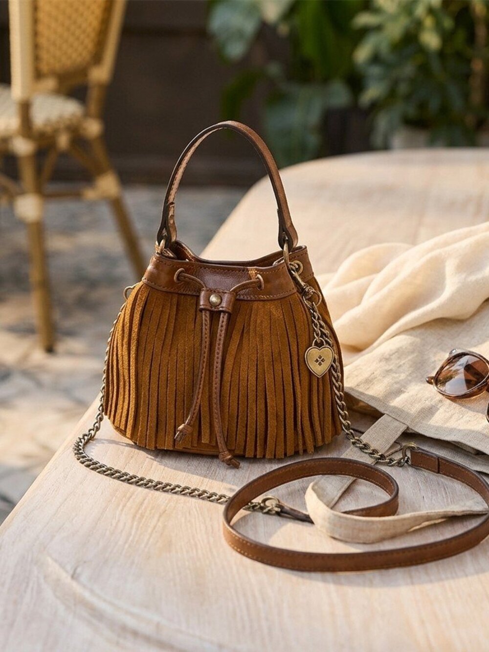 Patricia Nash Mini Elisa Chain Crossbody with Heart Charm - Suede Leather Fringe