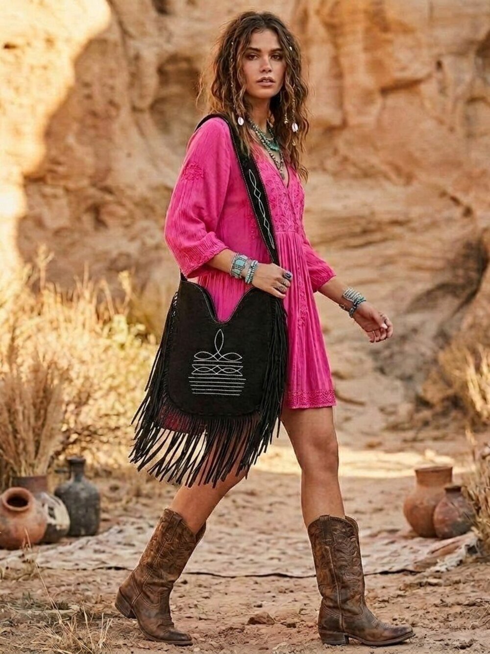 American Darling Black Boho Fringe Western Crossbody Hobo Bag