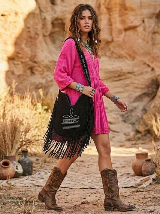 American Darling Black Boho Fringe Western Crossbody Hobo Bag