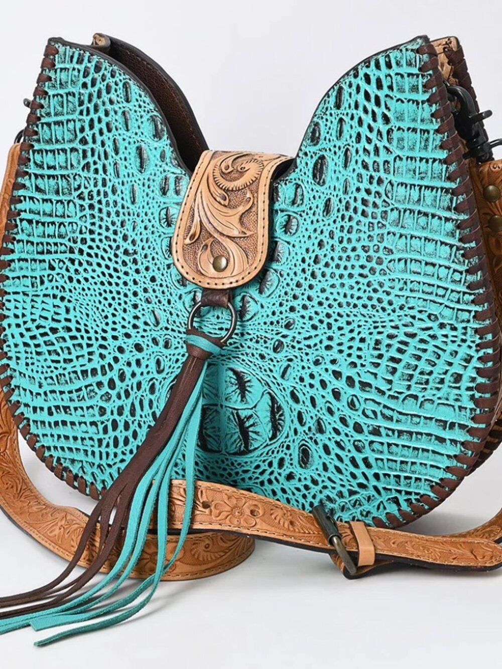 American Darling Turquoise Croc Embossed Saddle Bag