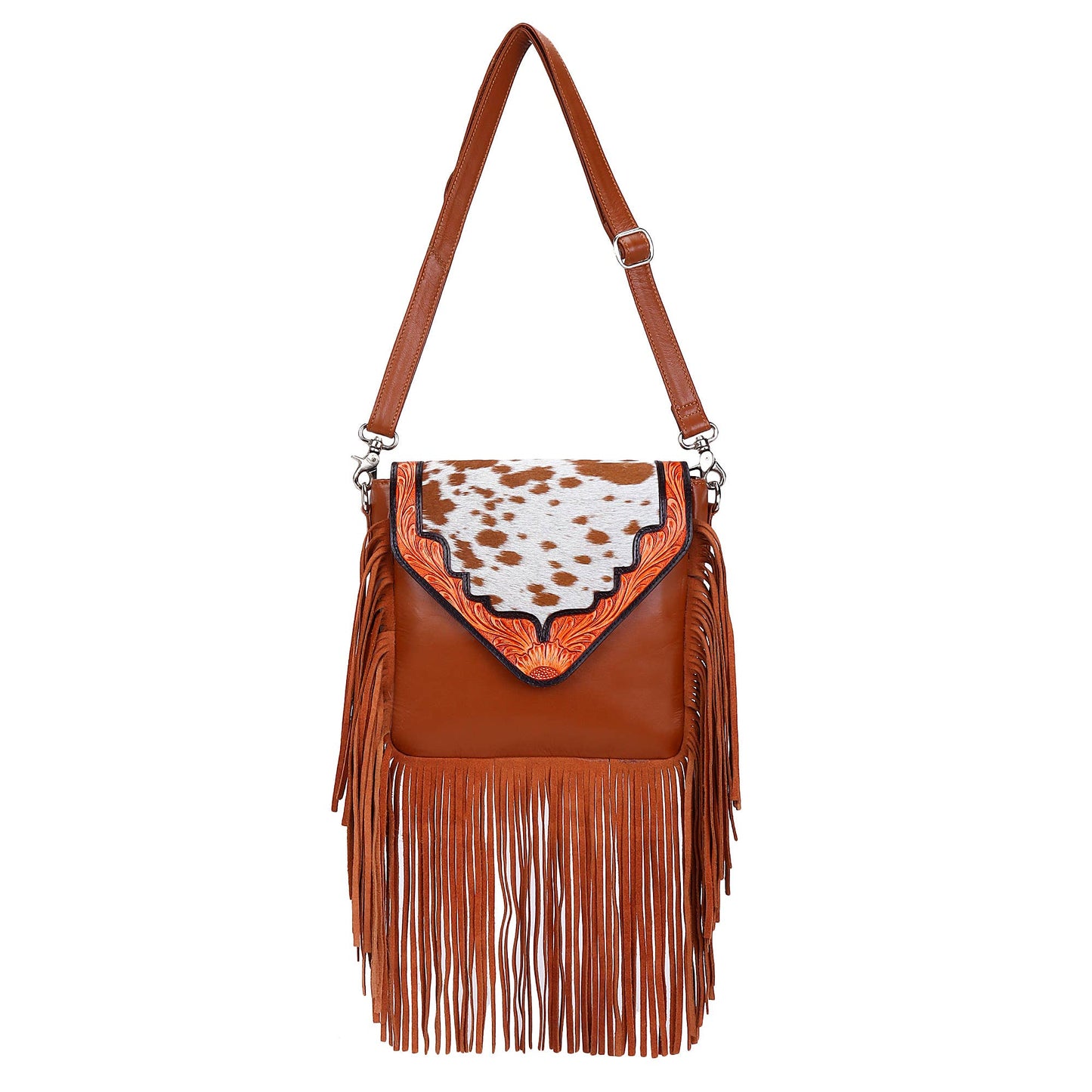 Leather Cowhide Western Hand Tooled Women Crossbody Bag-Brown and white