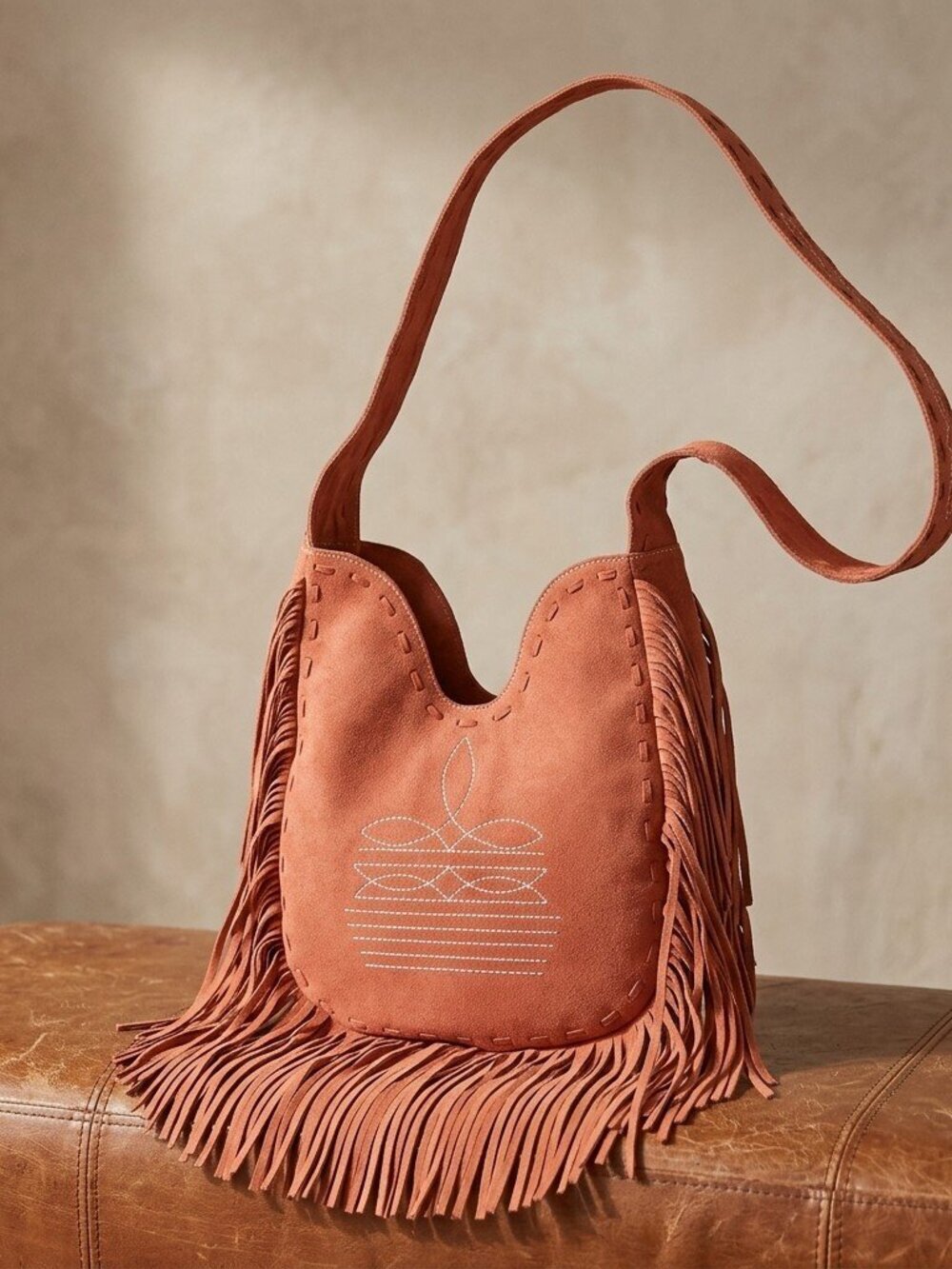 American Darling Peaches and Cream Desert Fringe Suede Crossbody Hobo