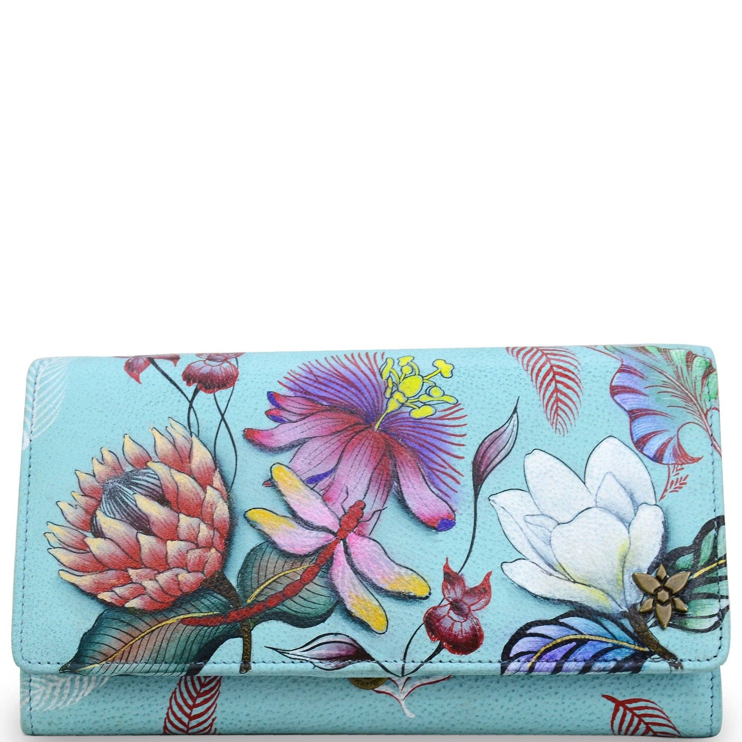 Anuschka Hand-Painted Leather Accordion Flap Wallet - 1112-turqouise with dragonfly