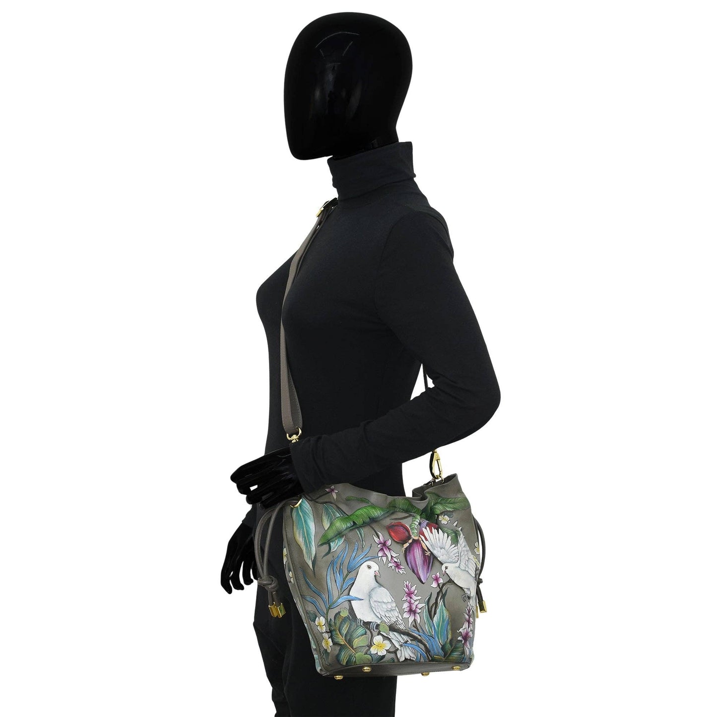 Anuschka Drawstring Bucket Bag - 723 with dove design