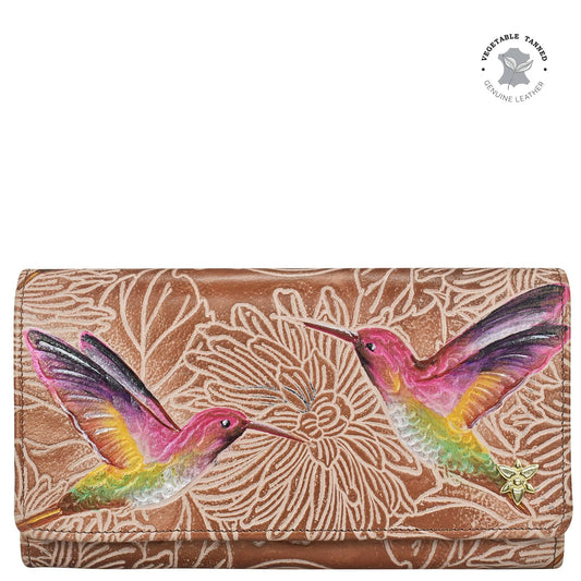 Anuschka Accordion Flap Wallet - 1112 with hummingbirds pink and peach leather