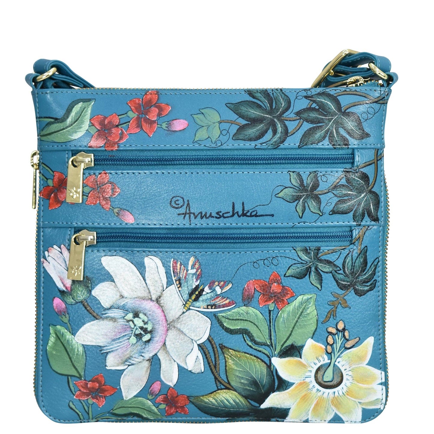 Anuschka Expandable Travel Crossbody - 550-blue with flowers and dragonfly