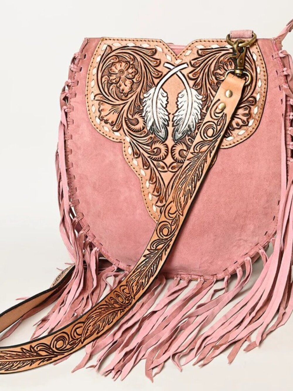 American Darling Boho Feather Tooled Pink Crossbody