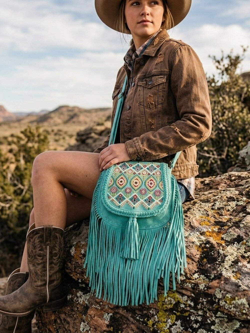 Myra Mojave Meadow Jade Turquoise Tulles BohoLeather Bag in Turquoise