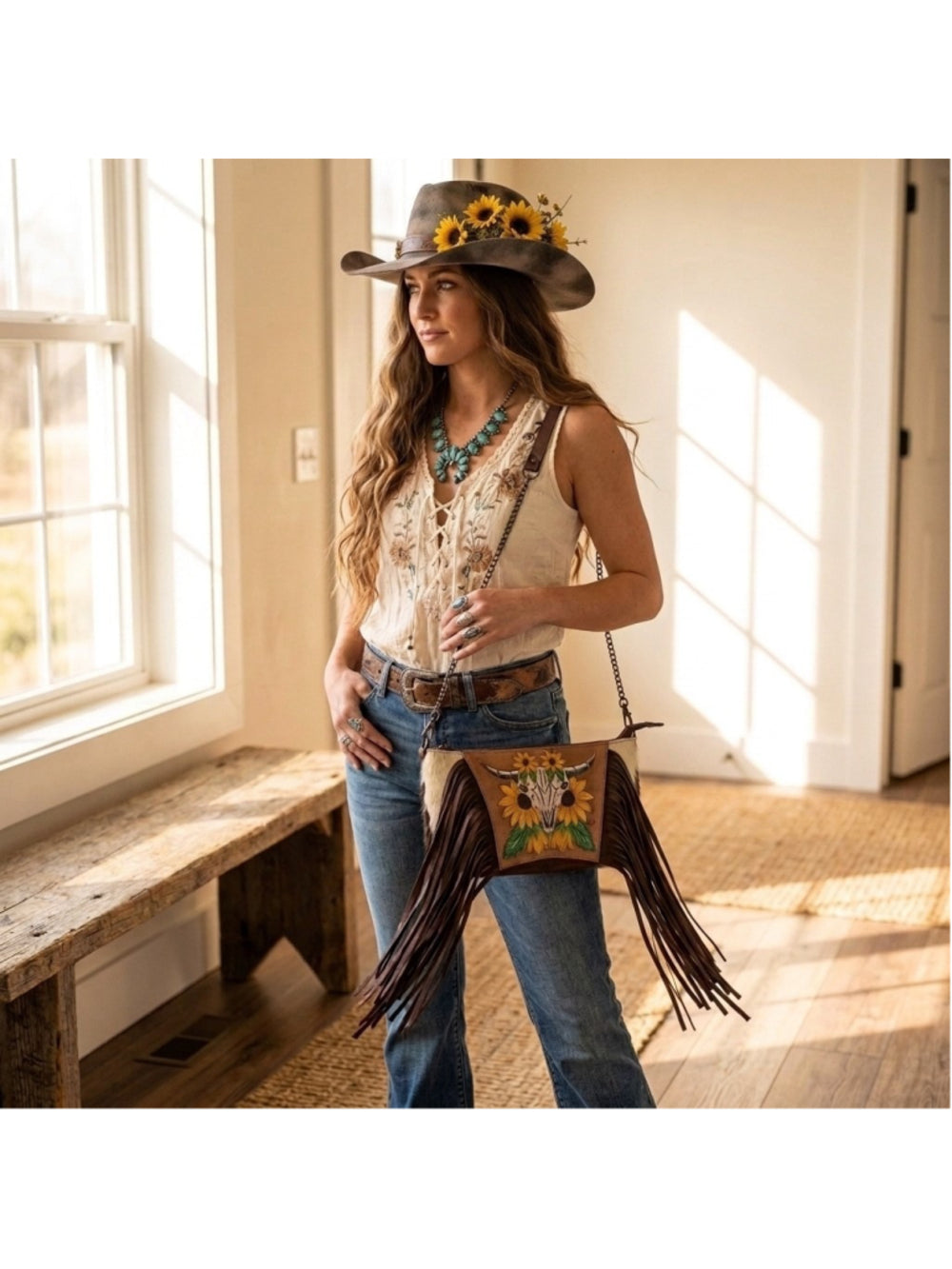 American Darling Longhorn Skull Sunflowers Fringe Crossbody