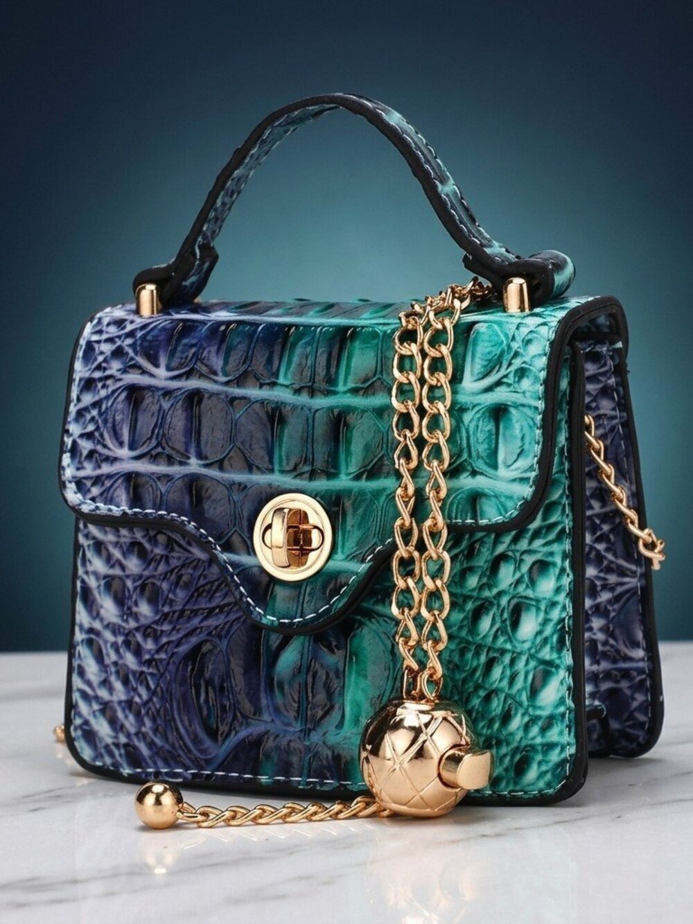 Aurora Croc Mini Top-Handle Bag- Gradient Rainbow Faux Crocodile Embossed-