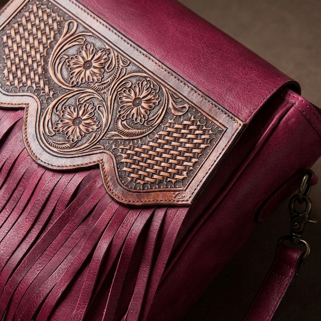 Magenta Western Fringe Leather Crossbody Bag