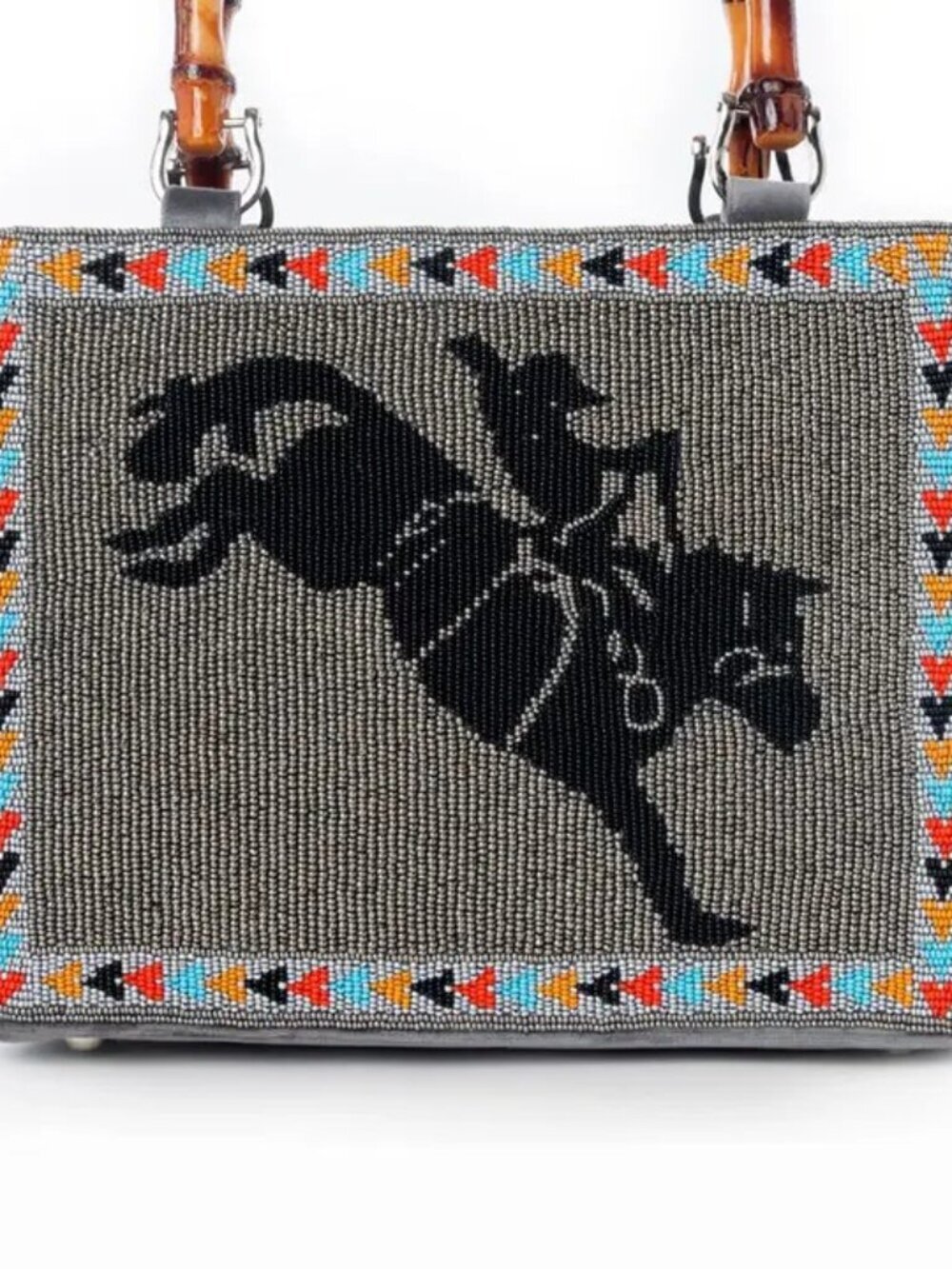 Free Rein Western Hand Beaded Bag in Grey with Bamboo Handle