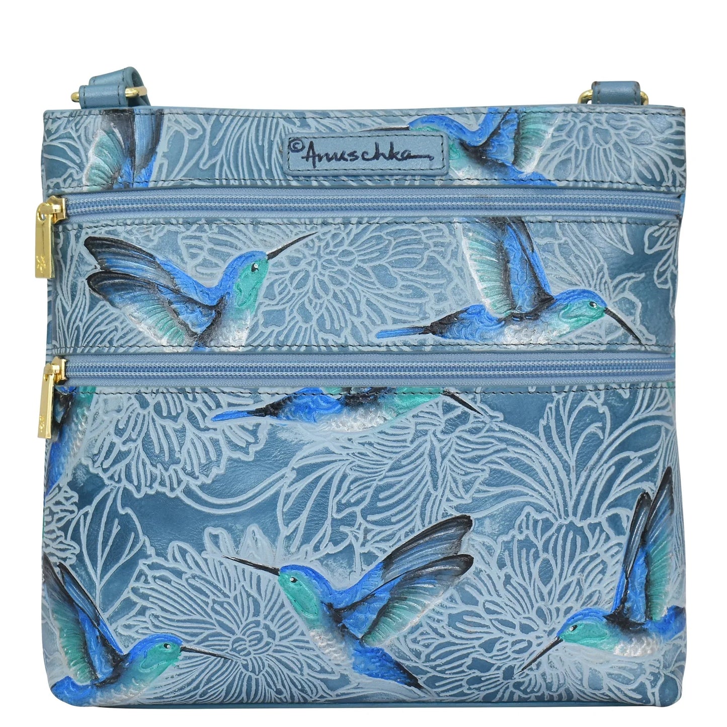 Anuschka tooled hummingbirds in sky blue Crossbody With Front Zip Organizer - 651