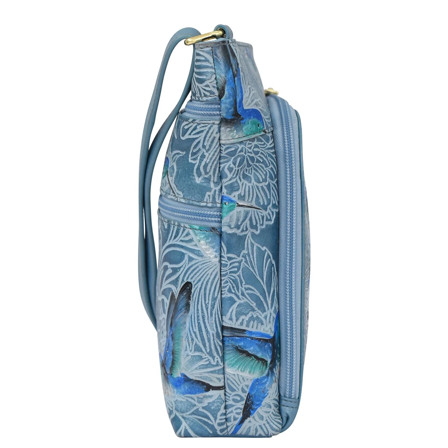 Anuschka tooled hummingbirds in sky blue Crossbody With Front Zip Organizer - 651