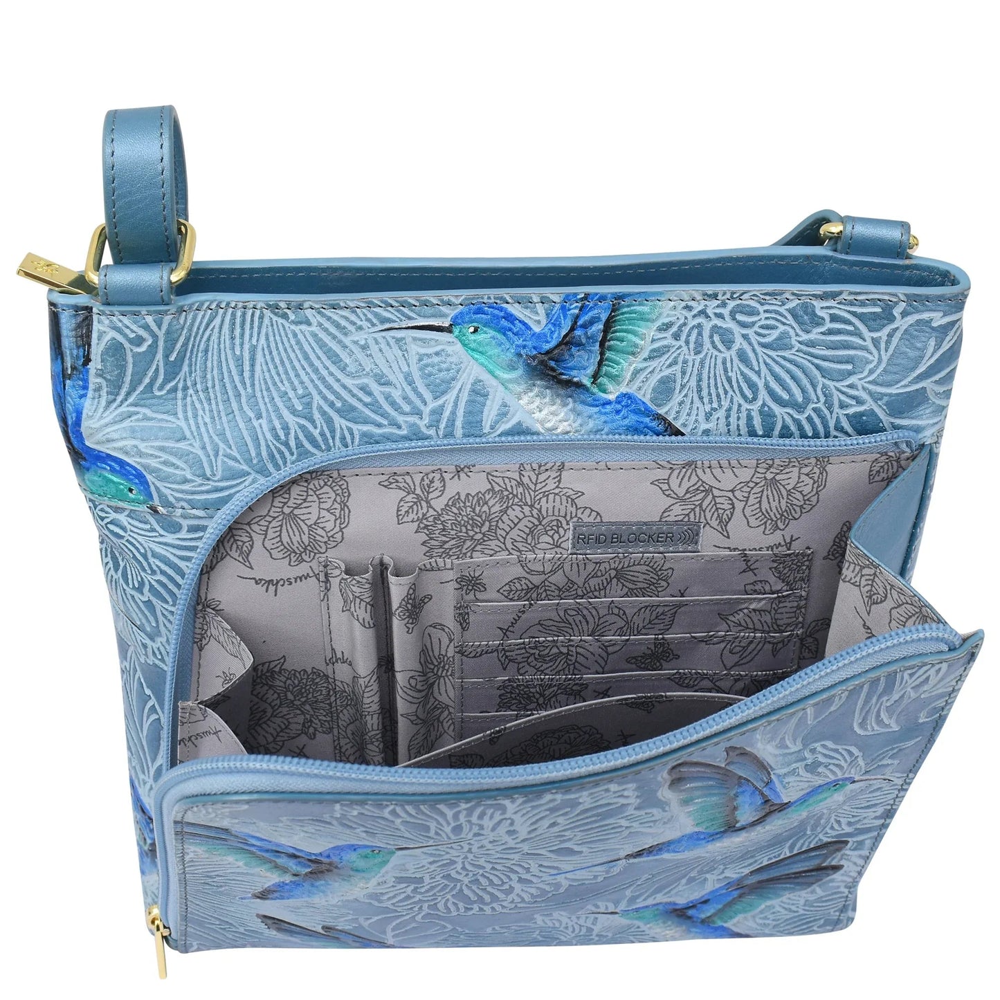 Anuschka tooled hummingbirds in sky blue Crossbody With Front Zip Organizer - 651