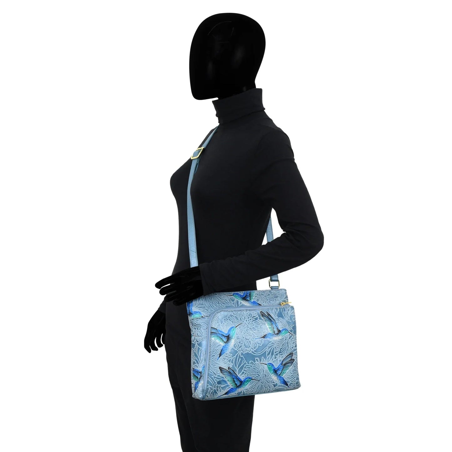 Anuschka tooled hummingbirds in sky blue Crossbody With Front Zip Organizer - 651