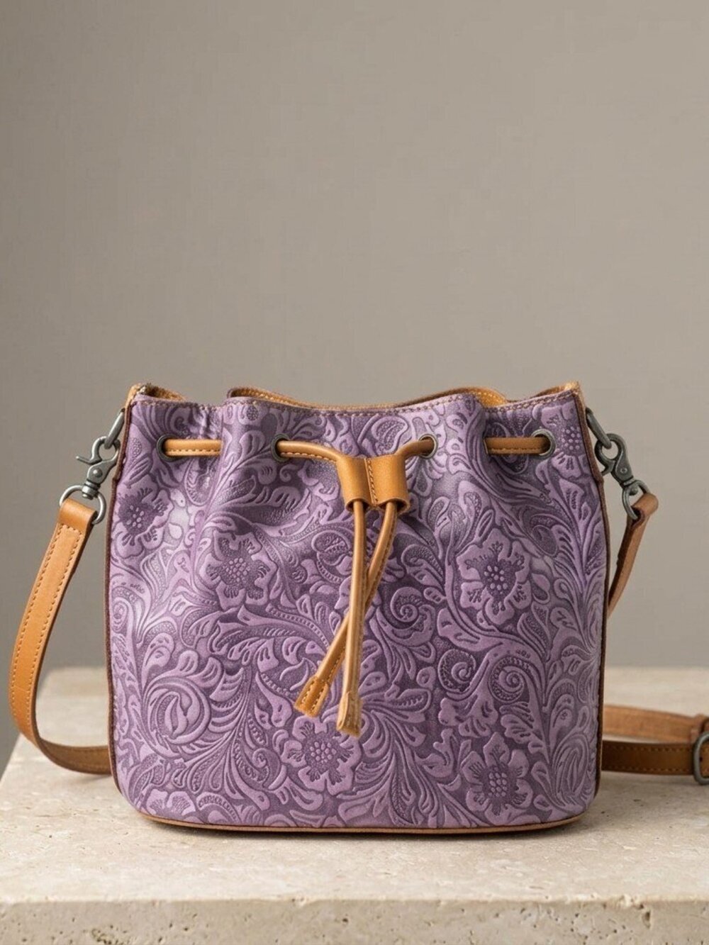 Lilac Storyweave Crossbody Bloom Embossed Leather Bucket Bag in Mystic Lilac