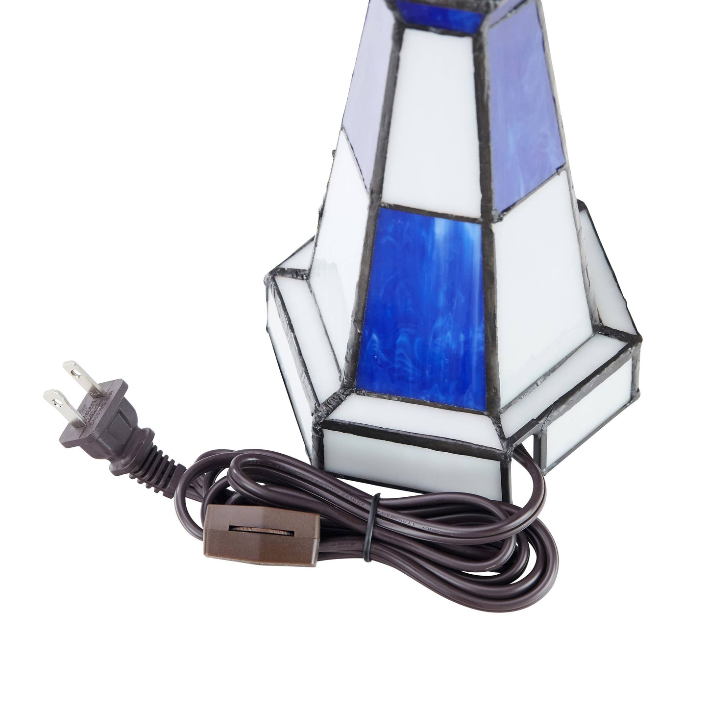 10.4"H Tiffany-Style  Blue & White Stained Glass Lighthouse Accent Lamp