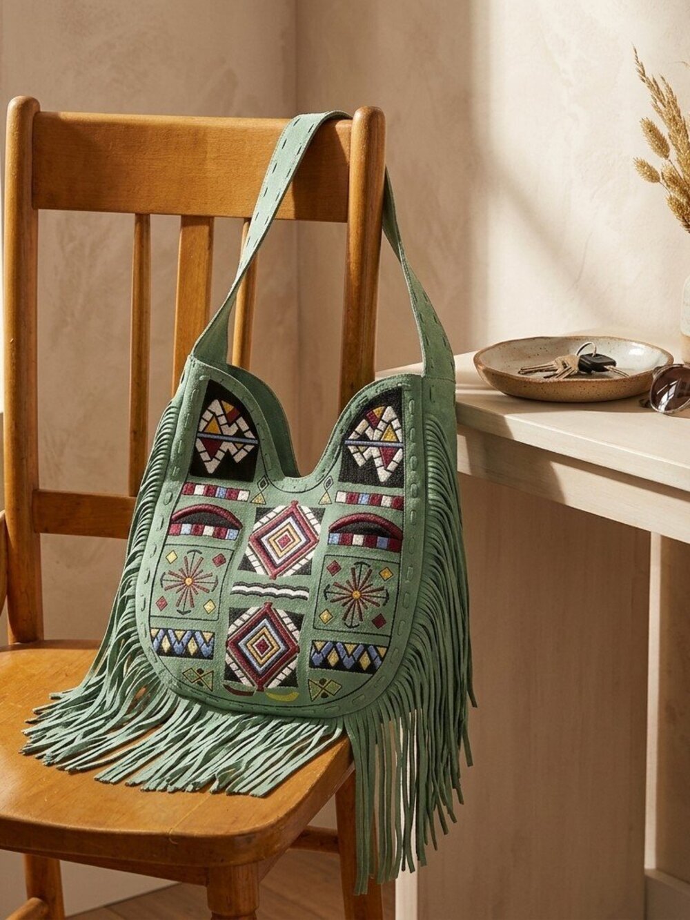 American Darling Sage Green Fringe Tribel embroidered Hobo Bag