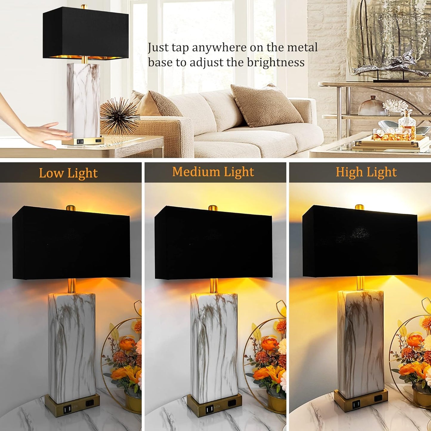 Touch Control Table Lamps Set Of 2, Modern Contemporary Bedside Lamp With 2 USB Ports 1 AC Outlet, 3-Way Dimmable Nightstand Lamp Faux Marble Gold Black Rectangular Shade For Living Room Bedroom