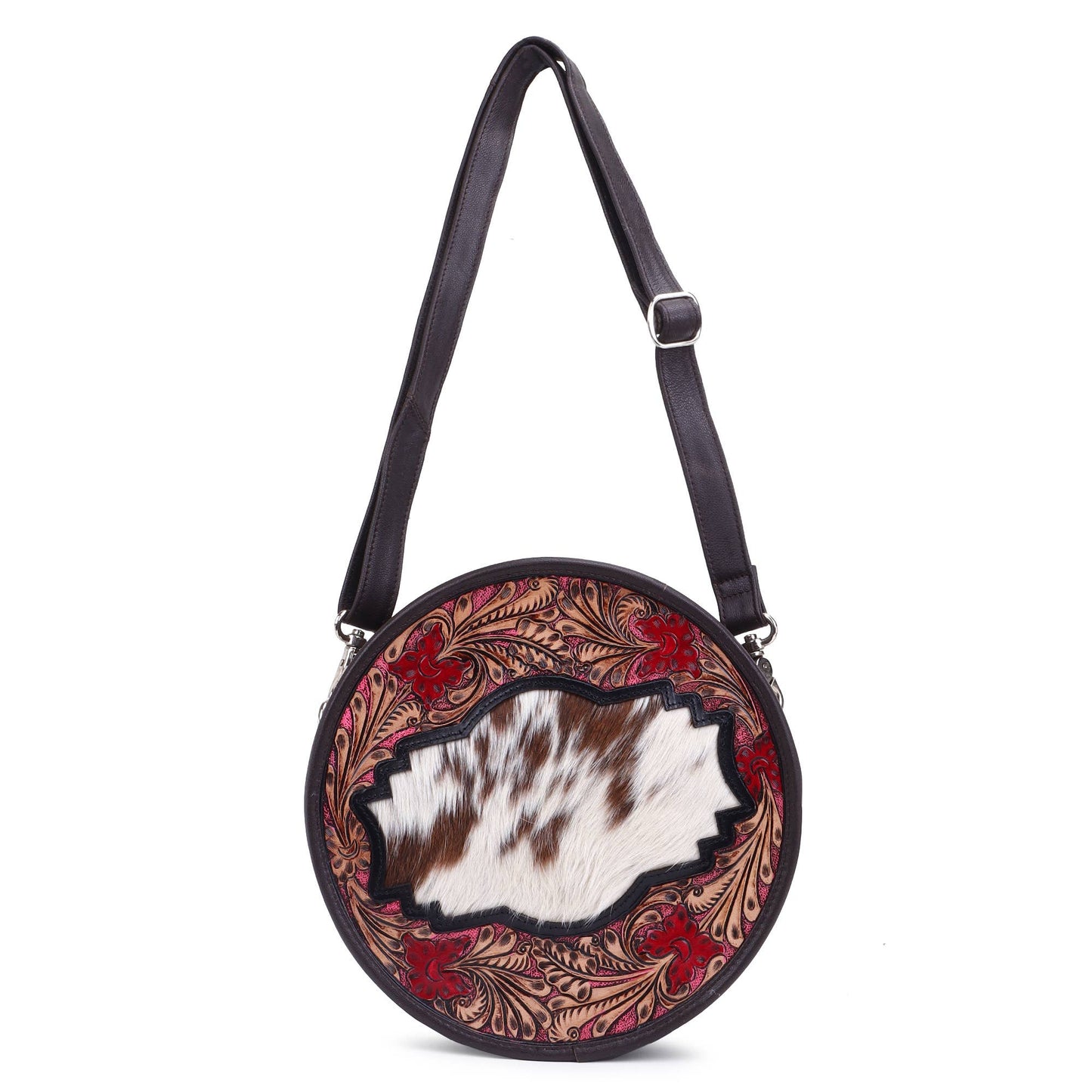 Leather Cowhide Western Hand Tooled Women's Round Crossbody Brown and White