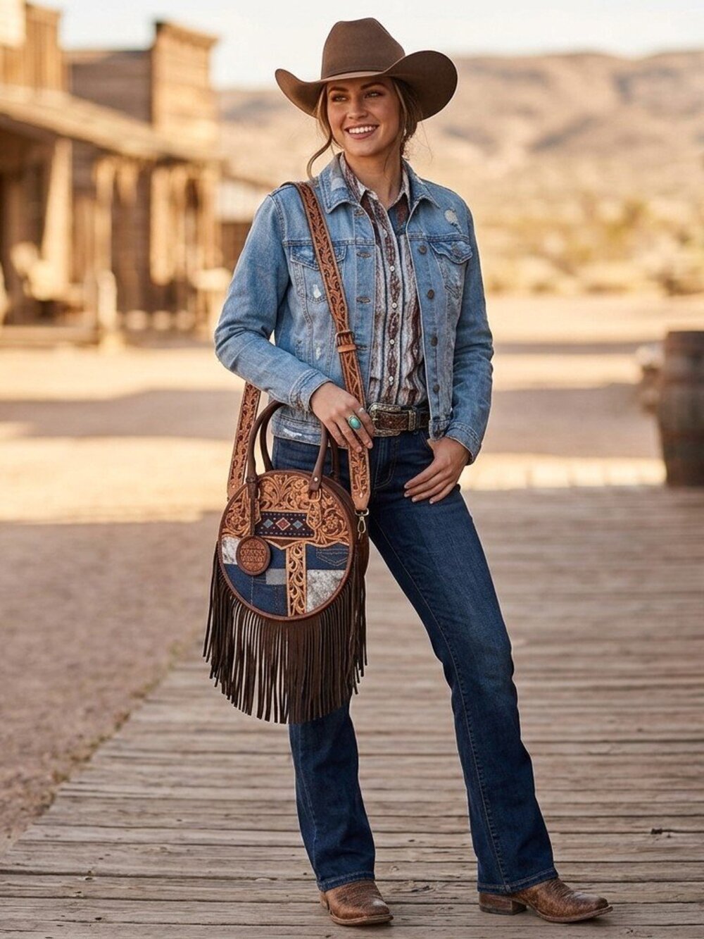 American Darling Patchwork Boho Fringe Tooled Crossbody Canteen Bag