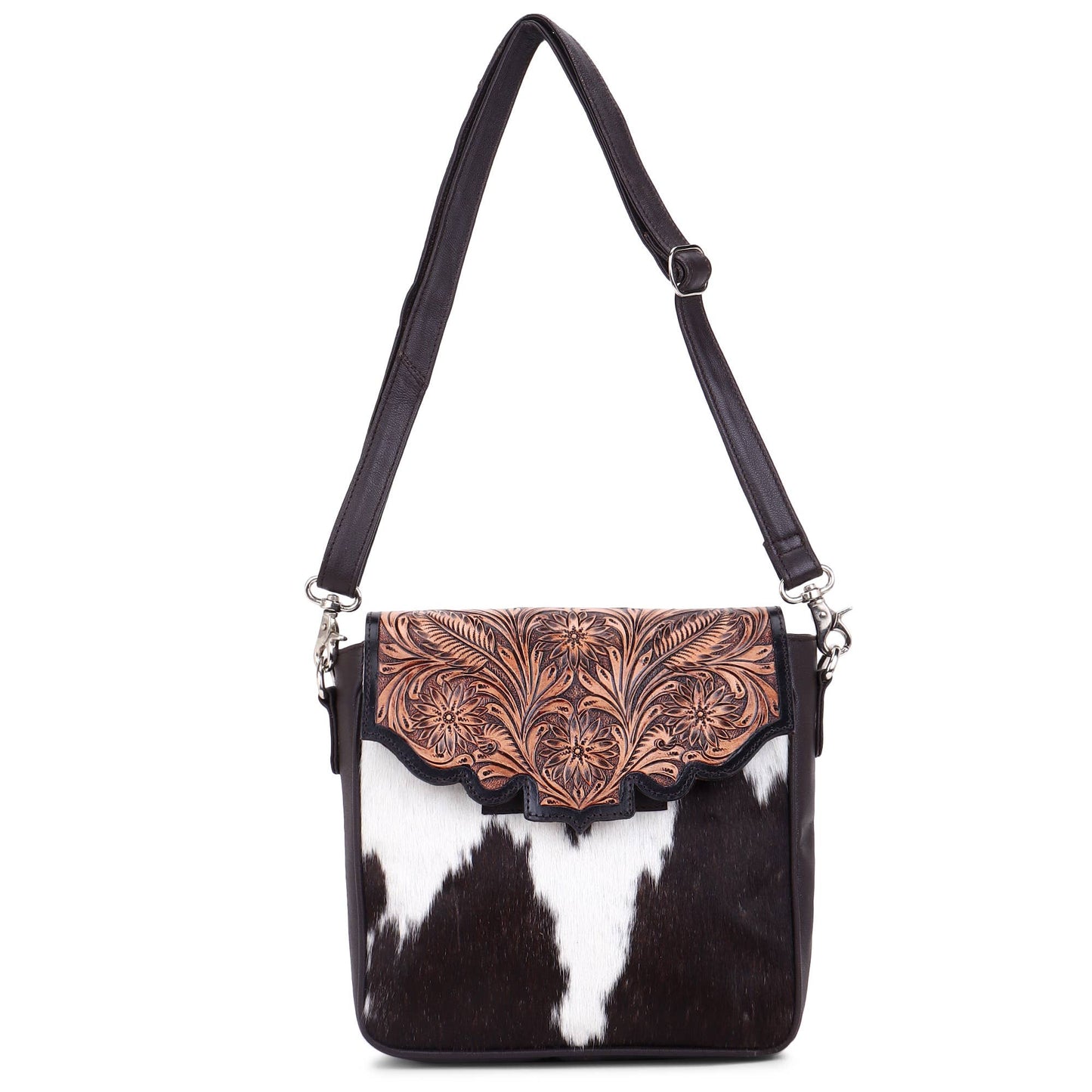 Leather Cowhide Western Hand Tooled Women Crossbody Bag-Brown and white