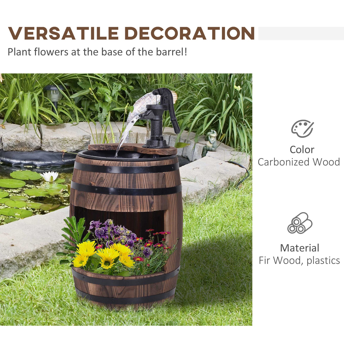 23" H Outdoor Water Fountain Wood and Plastic Rustic Apple Barrel Pump Garden Decor for Outside Backyard