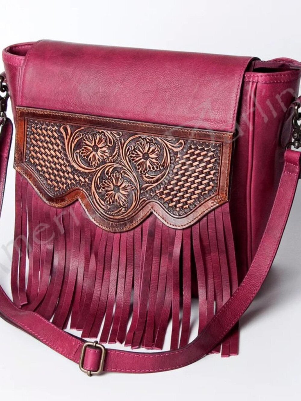 Magenta Western Fringe Leather Crossbody Bag