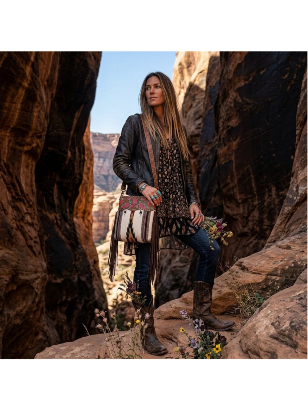 American Darling Flower Canyon Fringe Saddle Blanket Crossbody Bag