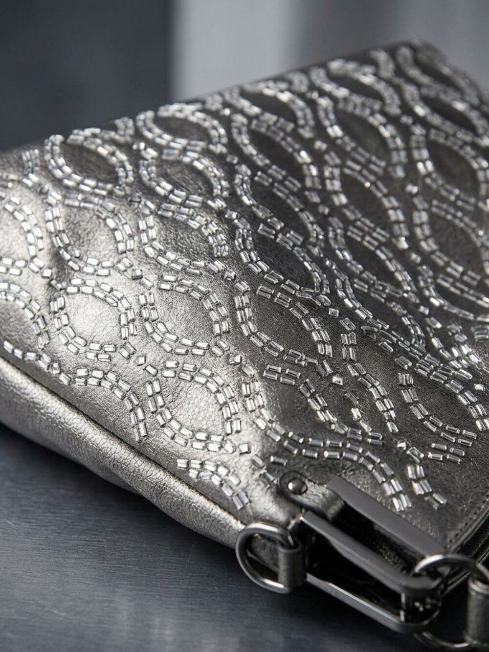Pewter Mosaic Luxe Shoulder Bag with rhinestone details