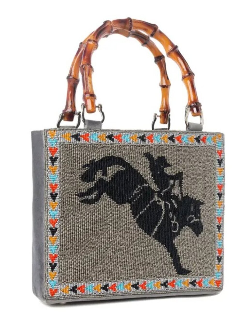 Free Rein Western Hand Beaded Bag in Grey with Bamboo Handle