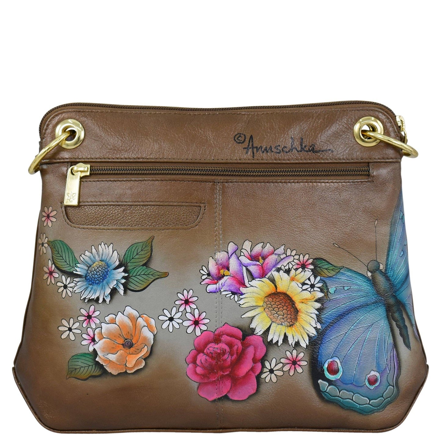 Anuschka Crossbody sling bag - 713 brown with butterfly