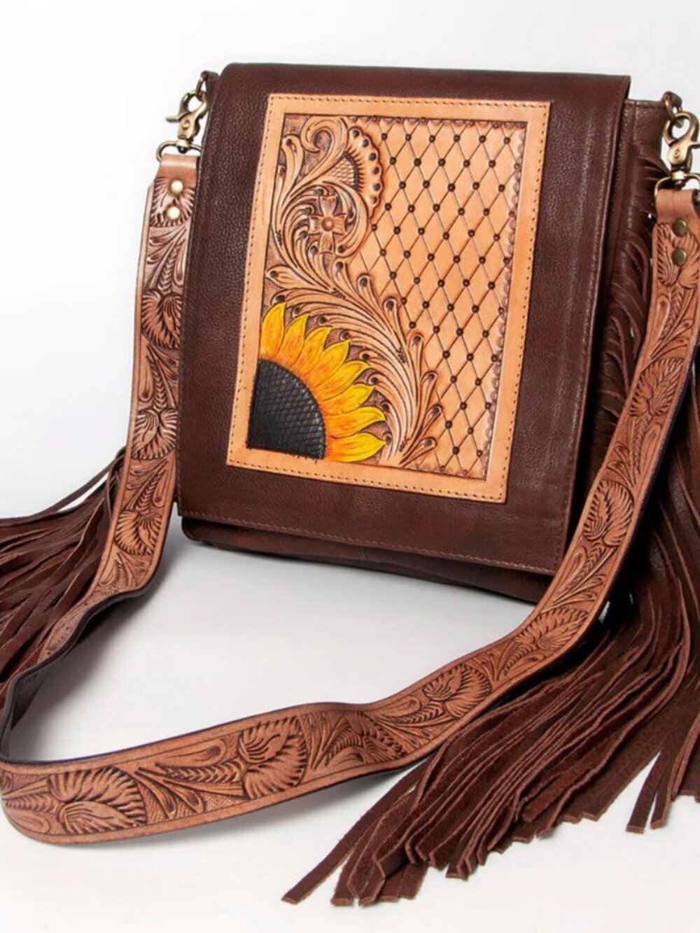 American Darling Sunflower Fringe Leather Crossbody