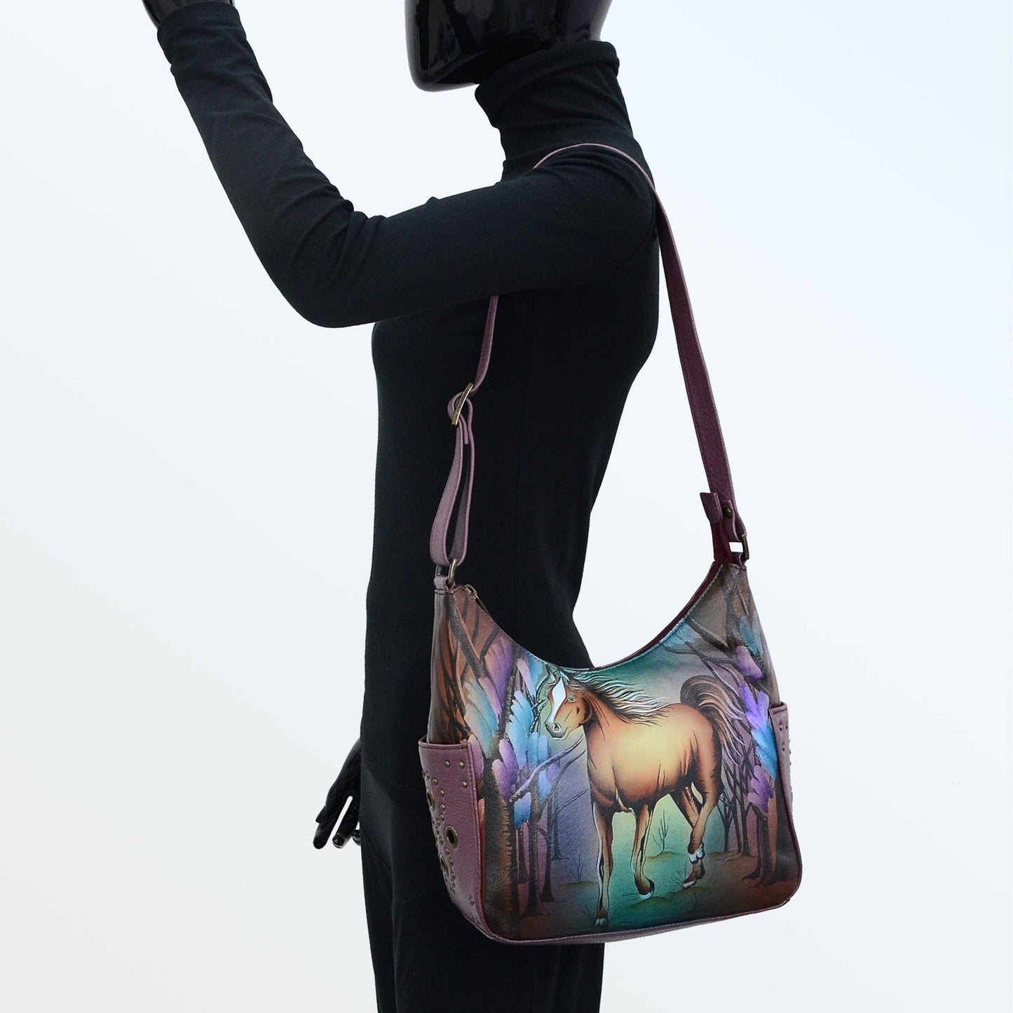 Anuschka Hand-Painted Leather Classic Hobo With Studded Side Pockets - 433-horse
