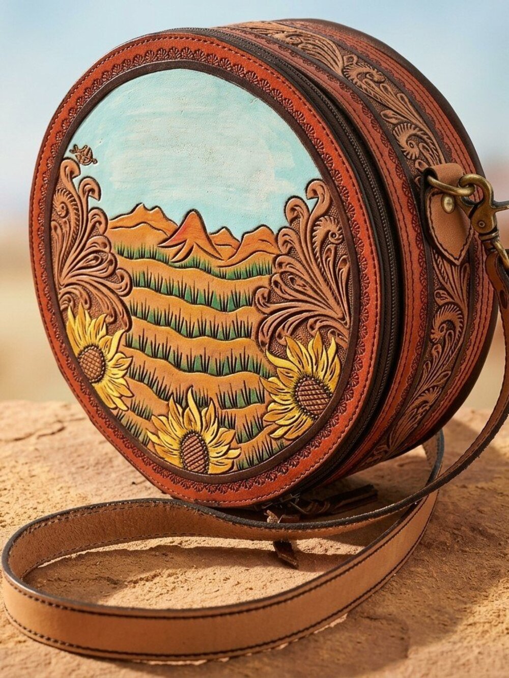 Sunset Sunflower Prairie Leather Canteen Crossbody