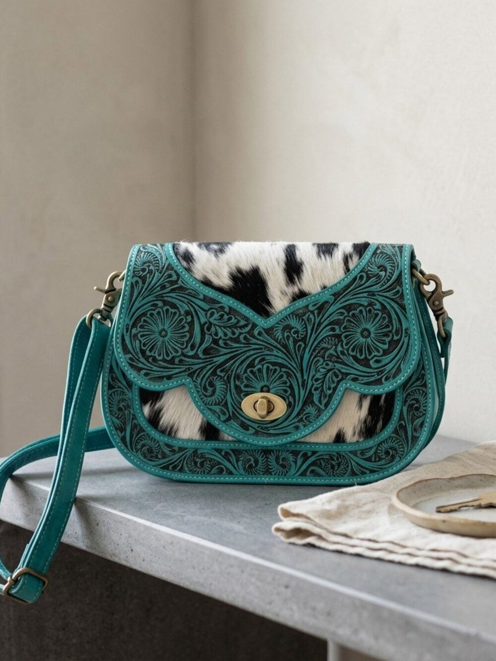 Turquoise Tooled Cowhide Crossbody